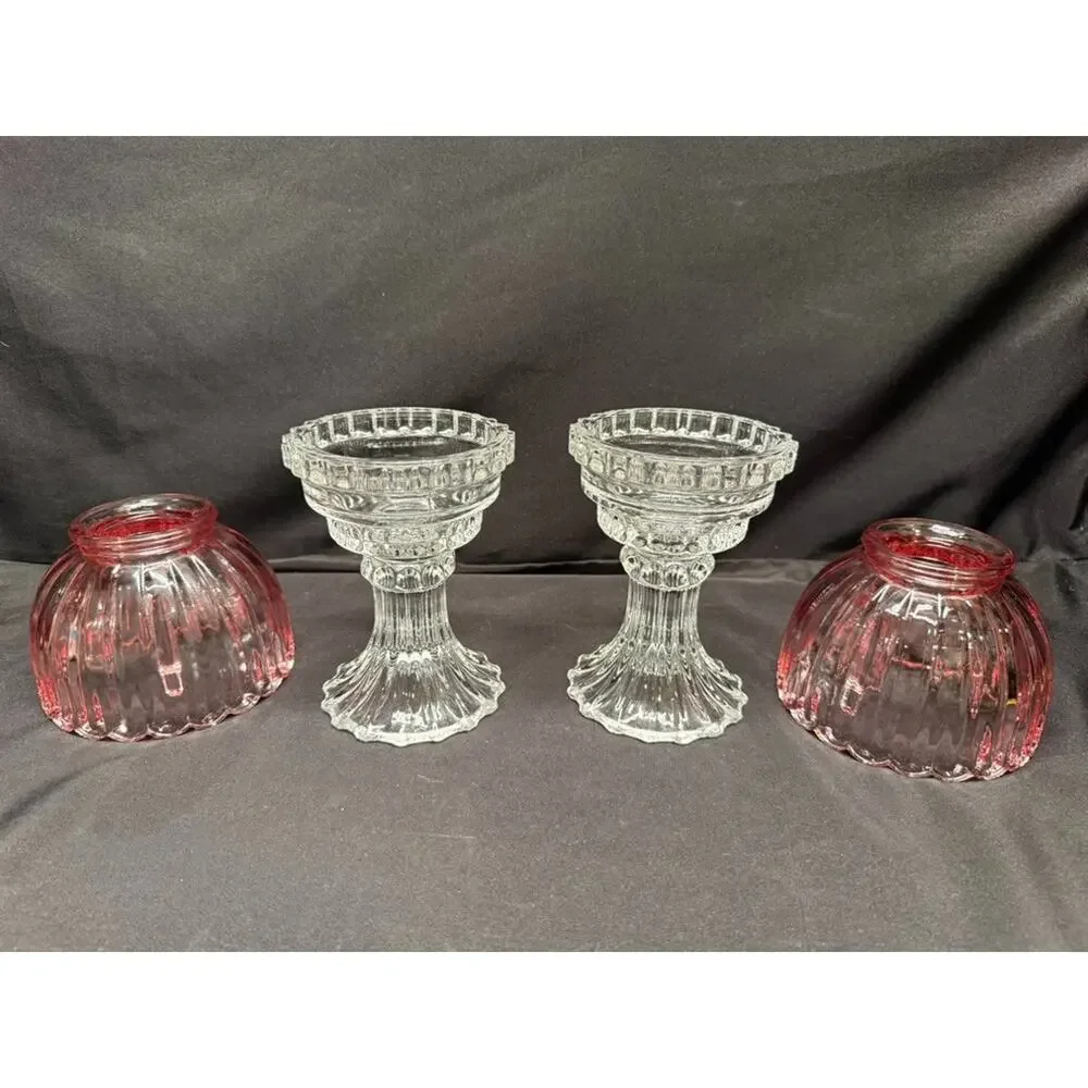 Pair of L.E. Smith Vintage Pink Fairy Lamps Clear Glass Pedestal Candle Holders